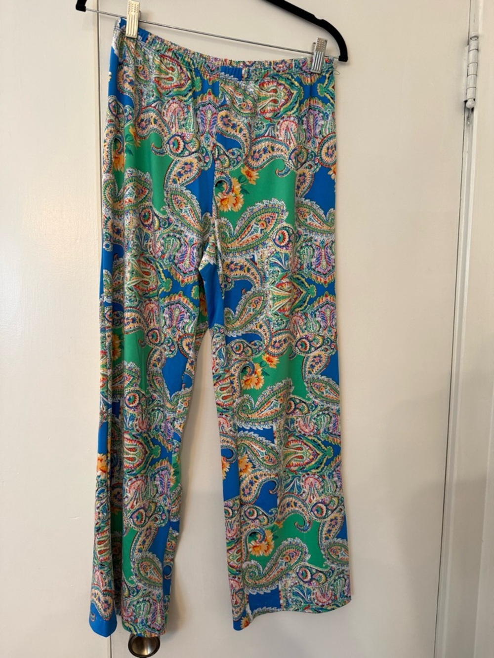 Sunny Leigh Green and Blue Paisley Print Wide-Leg Pants Sz PM 26” Inseam